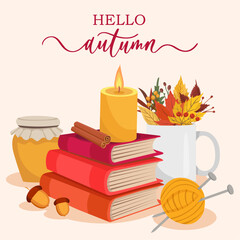 Hello autumn composition card Cozy fall elements Plant honey jar candle books