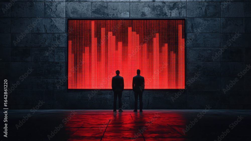 Poster two silhouetted figures standing before a large red data visualization on a dark wall in a modern an