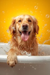 Happy golden retriever dog taking a bath in a white tub with splashing water against a bright yellow background, capturing joyful pet grooming and playful animal moments

