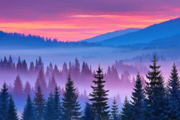 Obraz premium Misty mountain sunrise, vibrant colors, pine trees