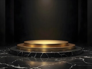 Obraz premium Empty stage illuminated by spotlight with retro music records and turntable elements surrounding