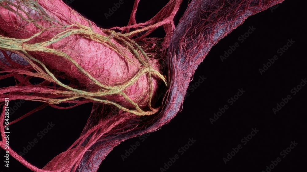 Poster scene simulation depicting compromised elasticity and dilation in the aortic root vessel wall struct
