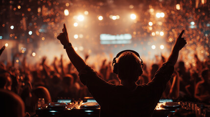 DJ Performing on Stage with Crowd Dancing and Celebrating at Nightclub