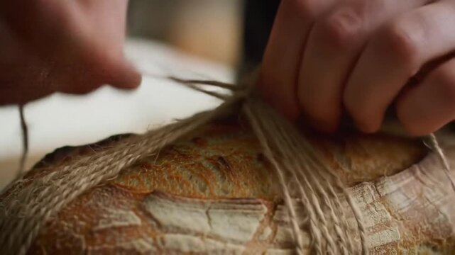 A baker's hands meticulously tying natural twine around a rustic, homemade loaf of crusty artisan bread.