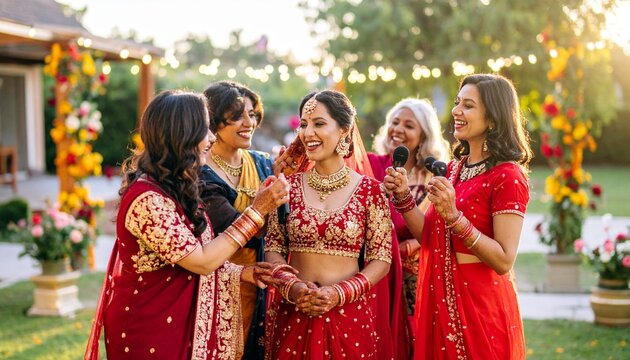 Women in vibrant sarees and gold jewelry celebrating under marigold garlands—smiles, tradition, and festive lights evoke joy and cultural unity.