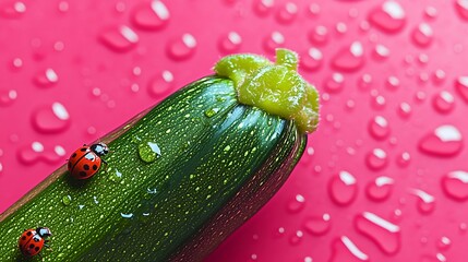Freshly picked zucchini glistens with dew, ladybugs wander on vibrant pink surface creating a summer vibe