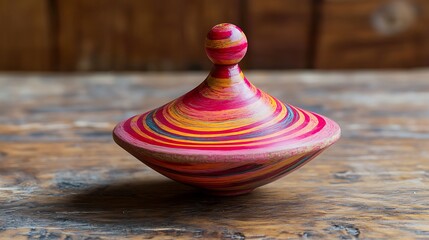 Whimsical colorful spinning top toy on rustic wood evokes childhood fun and playful vintage charm