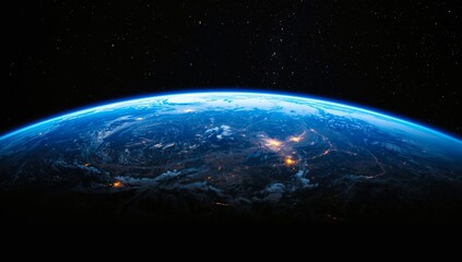 View of earth from space with blue planet and deep black background.