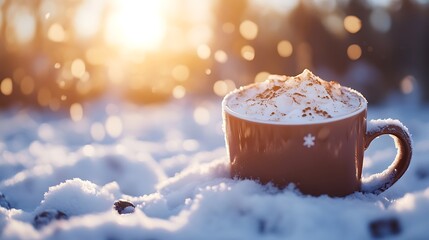 Enjoy a warm cup of cocoa with whipped cream in the snowy winter landscape for a cozy holiday feel