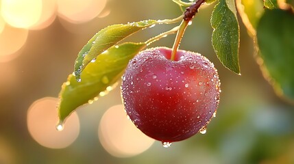 Sweet cherry glistens with morning dew drops, a fresh taste of summer on a tree branch in the sunshine