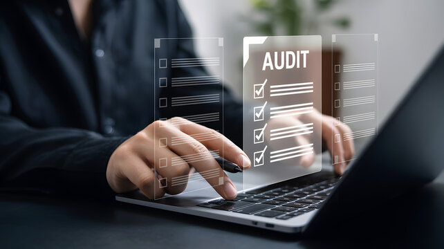 Professional reviewing audit checklist on digital interface, modern business workflow
