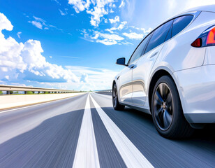 Sleek electric car driving on modern highway, motion blur background, clear sky, futuristic design, clean energy transportation concept.