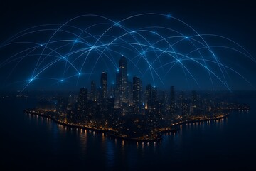 Naklejka premium Global network connections overlaying a futuristic cityscape at night