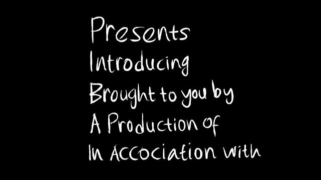 Handwritten style animated film phrases on a black background.