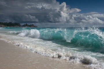 Tropical beach scene with powerful turquoise waves crashing ashore, dramatic storm clouds overhead