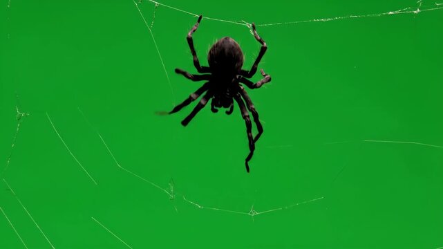 Hairy Spider Dangling on Web - Green Screen - A large, hairy spider is shown dangling and slightly bouncing on a single strand of its web against a bright green screen background.