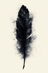 black feather painted in charcoal, hauntingly beautiful with a watercolor effect, set against a white background to emphasize its delicate details, Generative AI