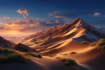 Fototapeta premium Golden Desert Dunes Landscape with Mountain Range at Sunset Travel Adventure