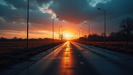Sunset illuminates a rural road.