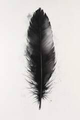 black feather painted in charcoal, hauntingly beautiful with a watercolor effect, set against a white background to emphasize its delicate details, Generative AI