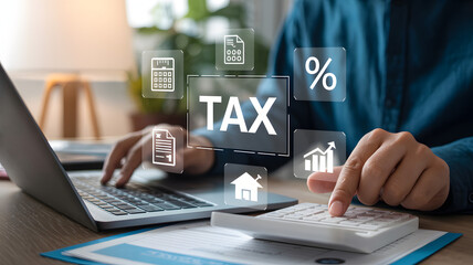 Man calculating taxes with laptop and calculator, financial planning concept