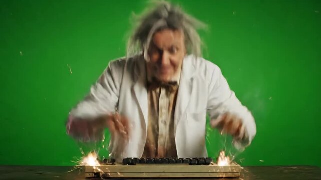 Mad Scientist Frantically Typing on Vintage Keyboard - A disheveled mad scientist in a lab coat frantically types on a vintage, sparking keyboard against a green screen.