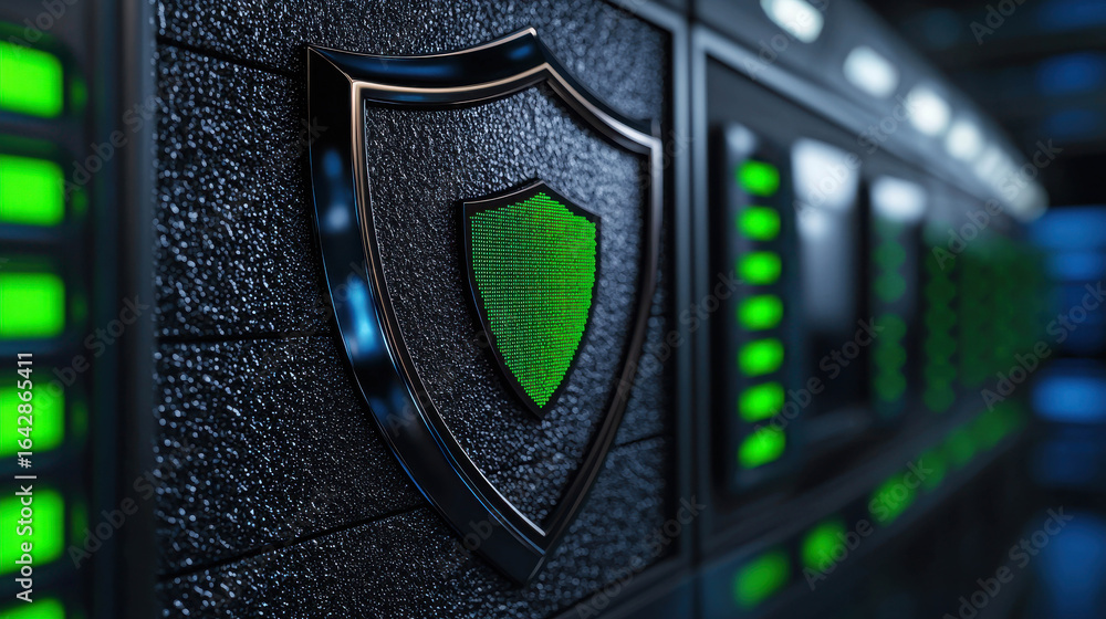 Poster digital security shield symbol on dark server background with glowing lights, emphasizing technology