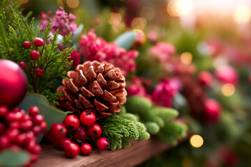 Holiday garland decorated with pinecones and berries traditional Christmas decor