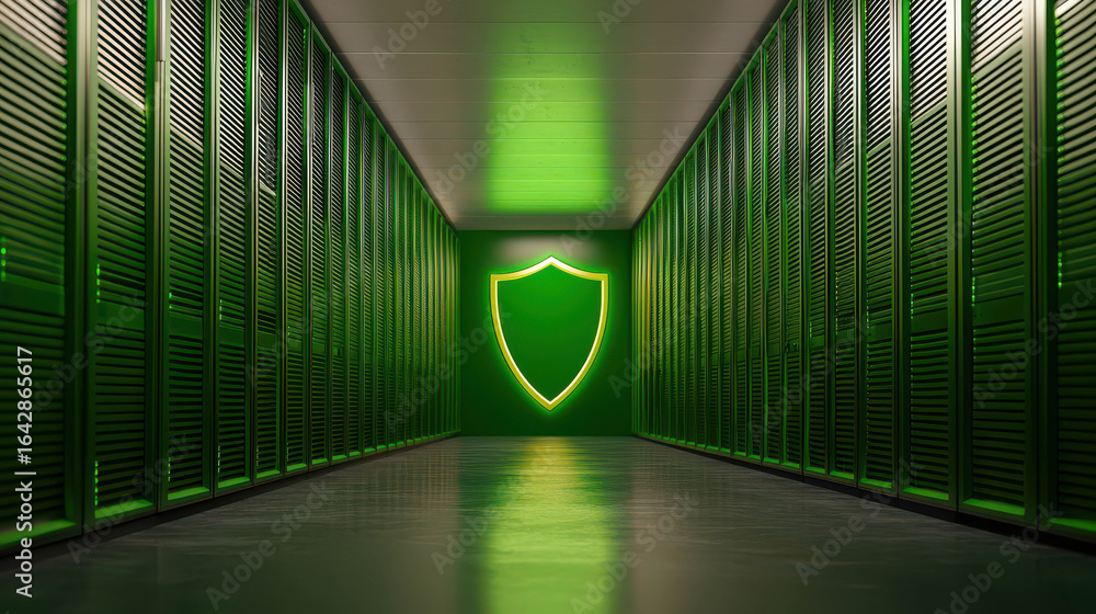 Aufkleber futuristic server room with green lighting and glowing shield symbol representing cybersecurity and 