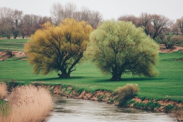 Two vibrant trees stand sentinel over a tranquil river valley, bathed in the soft light of a spring day.  A pale, grassy plain stretches out before them, with hints of other trees and brush.
