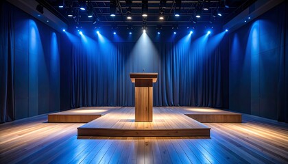 A wooden podium sits center stage on raised platforms, bathed in cool blue stage lighting
