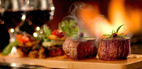 Sizzling steaks, served with sides, by a fireplace. Steam rises from the hot meat, complemented by glasses of red wine