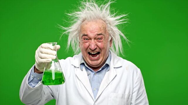 Mad Scientist Laughing with Bubbling Beaker - A wildly haired, elderly mad scientist in a lab coat laughs hysterically while holding up a beaker of bubbling green liquid against a bright green screen.
