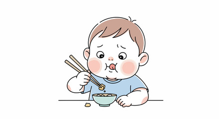 Adorable baby struggles to eat with chopsticks, showing a funny, relatable moment of childhood learning and mealtime challenges