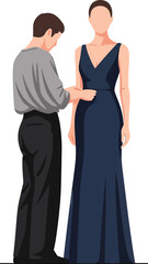 Tailor adjusting a womans elegant navy blue evening gown.