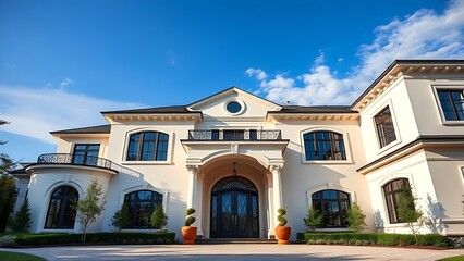 Obraz premium Elegant residence entrance with architectural details under a clear blue sky, exuding luxury.