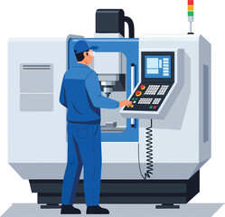 Technician operating a modern CNC milling machine in a factory setting.
