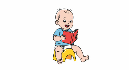 Joyful baby engaged in reading a book while seated on a potty training stool, promoting early learning and development
