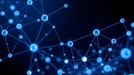 Abstract blue and white interconnected spheres with glowing nodes, symbolizing a digital network on a dark background.