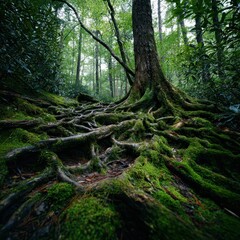 Obraz premium Moss-Covered Tree Roots in Lush Green Forest