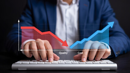 Business growth strategy showing decreasing costs and increasing quality with data analysis