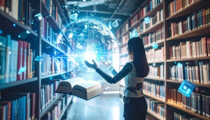 Humanoid robot interacts with holographic globe in futuristic library—fusion of AI, knowledge, and digital learning in a glowing blue tech-lit space.