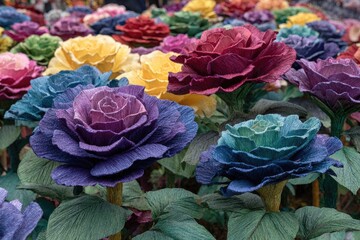 Colorful paper roses, close-up view.  Many vibrant paper flowers in various shades of red, purple, blue, and yellow fill the image.  Petals are textured, resembling real roses