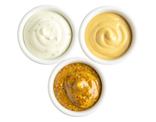 Angled Triangular Arrangement of Bechamel, Dijon Mustard, and Tzatziki in Small White Bowls, Cutout PNG
