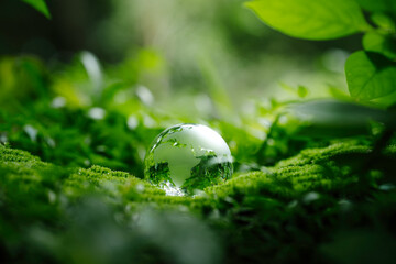 Globe on moss in a forest and environment concept ecology and sustainable environment. Eco-friendly green business on nature background. Save Earth and World Earth Day.
