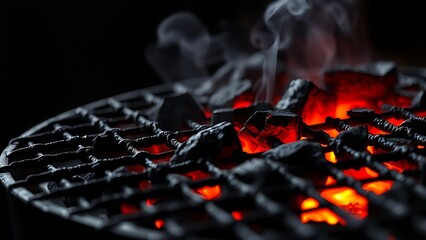 Close-up of a charcoal grill with glowing embers and rising smoke, highlighting dark metallic textures.