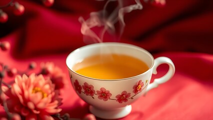 A delicate white porcelain teacup with chrysanthemum blossoms, steaming golden tea against a blurred red silk background.