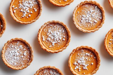 Mini pumpkin pies decorated with powdered sugar on a white surface for autumn celebrations