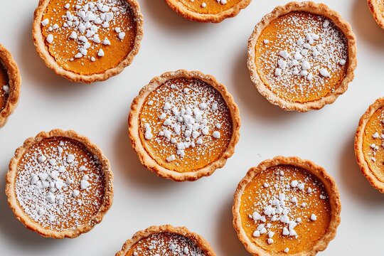 Mini pumpkin pies decorated with powdered sugar on a white surface for autumn celebrations