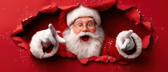The joyful Santa Claus breaking through a festive red background with excitement.